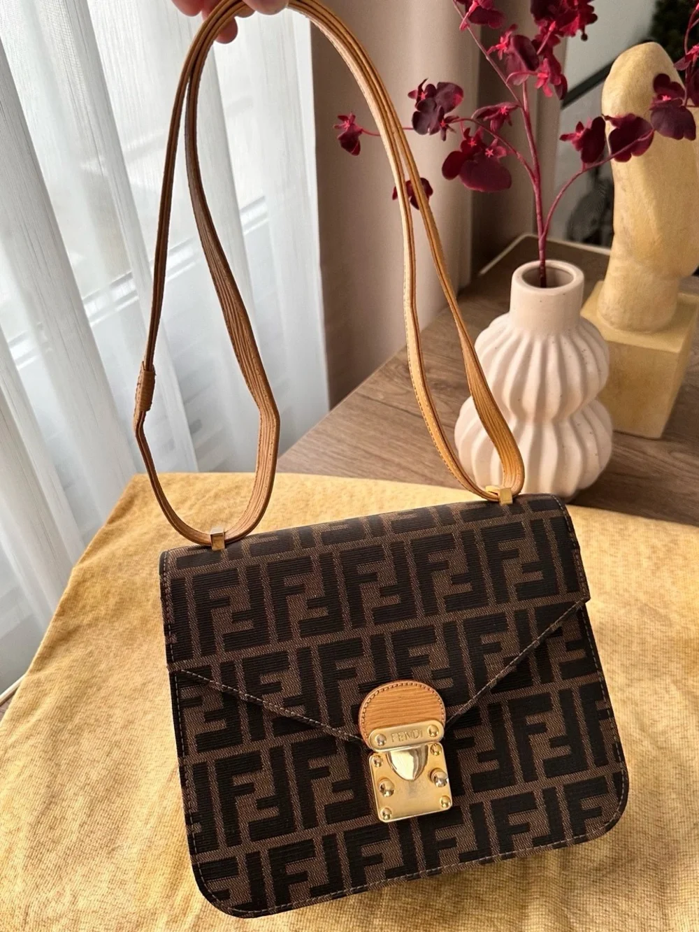 Fendi Brown FF Monogram Shoulder Bag with Tan Leather Strap